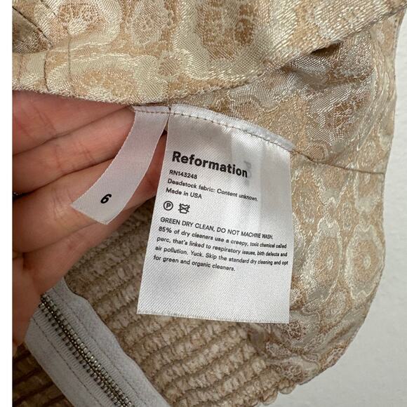 Reformation Gold Brocade Satin Gold Smocked Back Exposed Zipper Corset 6 - Picture 4 of 4